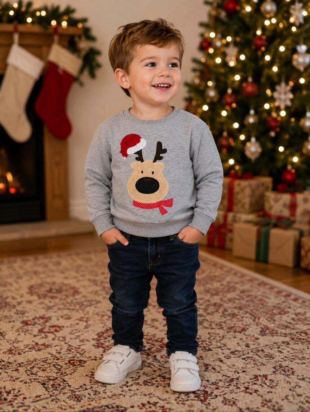 Kids Christmas Reindeer Sweatshirt  90 (2-3T) Gray Santa Hat Holiday Pullover